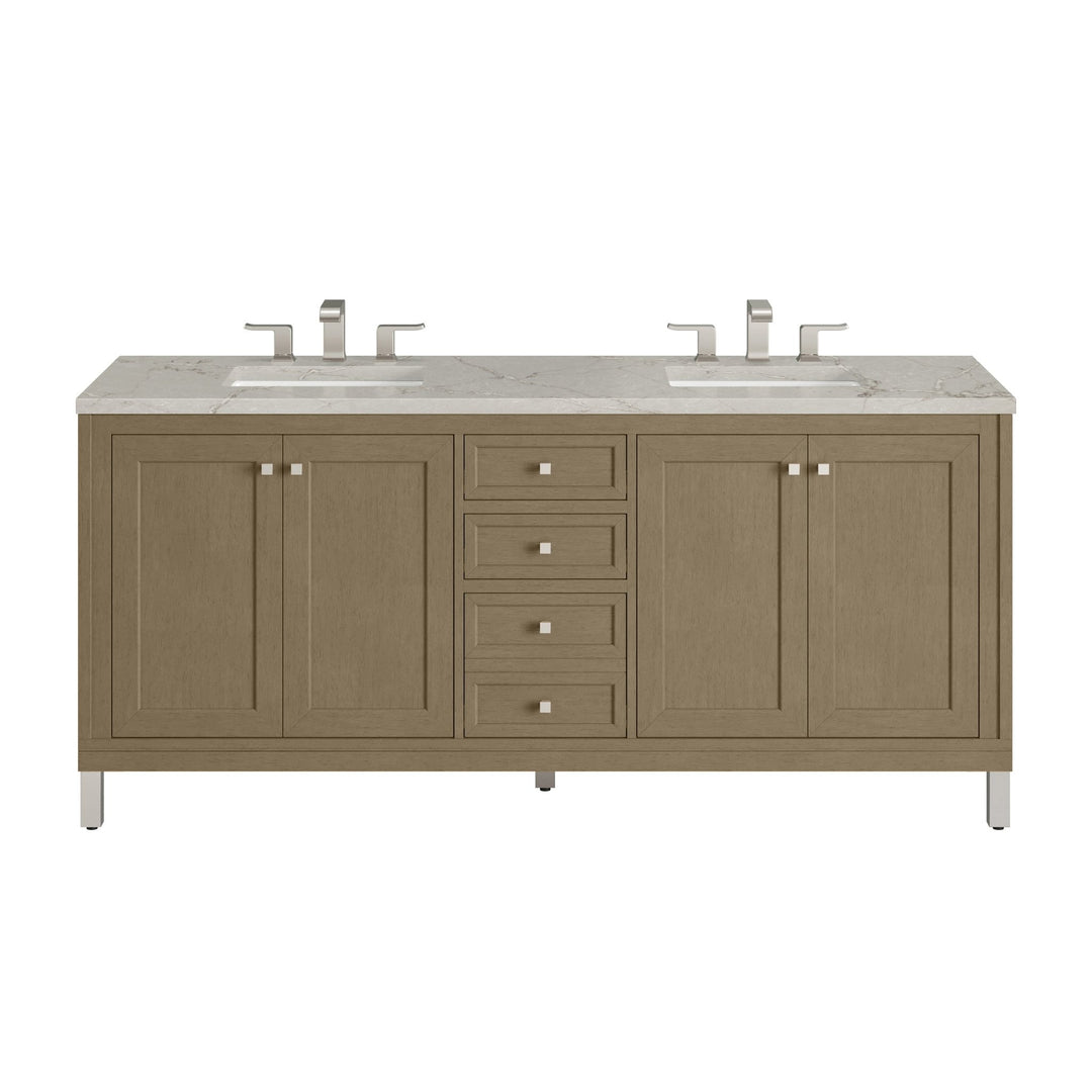 Chicago 72" Double Vanity, Walnut Whisper, w/ 3 CM Victorian Silver Silestone Top w/ FreePower Wireless Charger