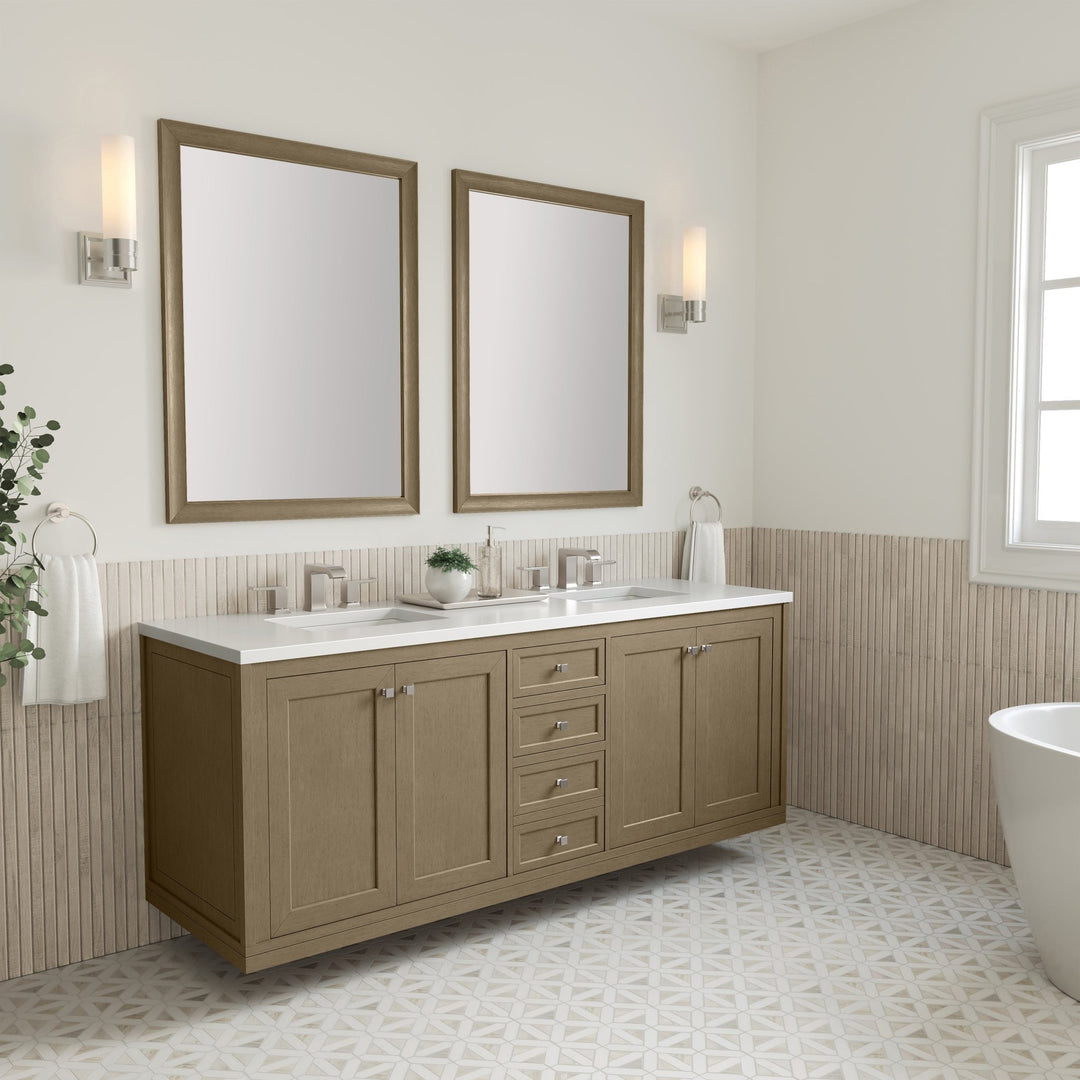 Chicago 72" Double Vanity, Walnut Whisper, w/ 3 CM White Zeus Silestone® Top