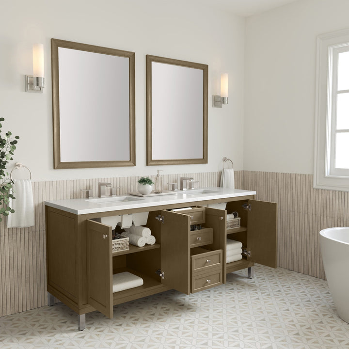 Chicago 72" Double Vanity, Walnut Whisper, w/ 3 CM White Zeus Silestone® Top
