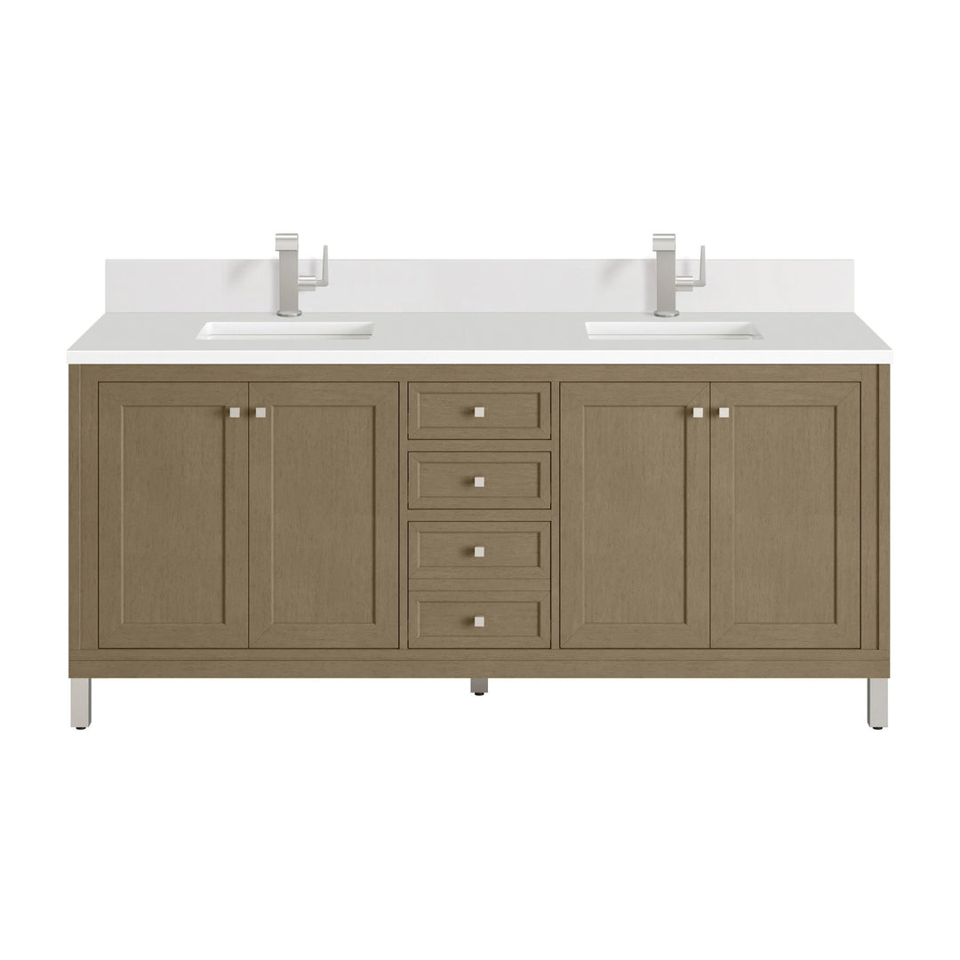Chicago 72" Double Vanity, Walnut Whisper, w/ Single Hole 3CM White Zeus Silestone® Top & Backsplash