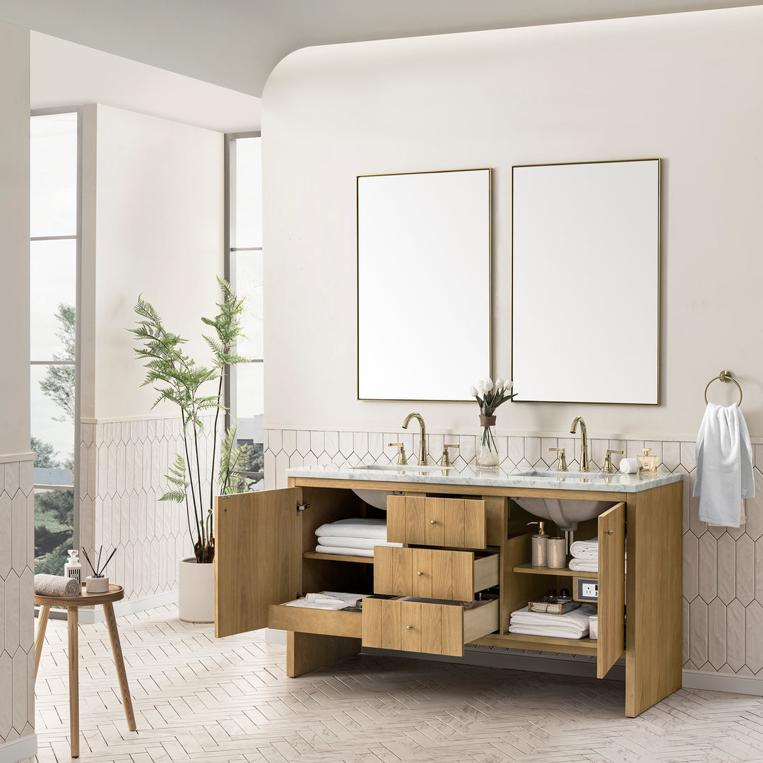 Hudson 60" Double Vanity, Light Natural Oak w/ 3 CM Carrara Marble Top