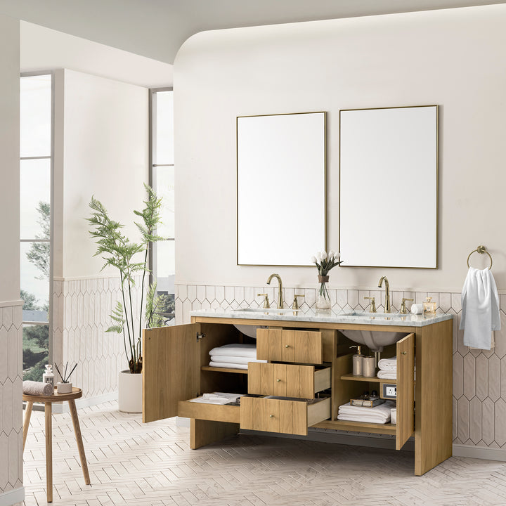 Hudson 60" Double Vanity, Light Natural Oak w/ 3 CM Carrara Marble Top