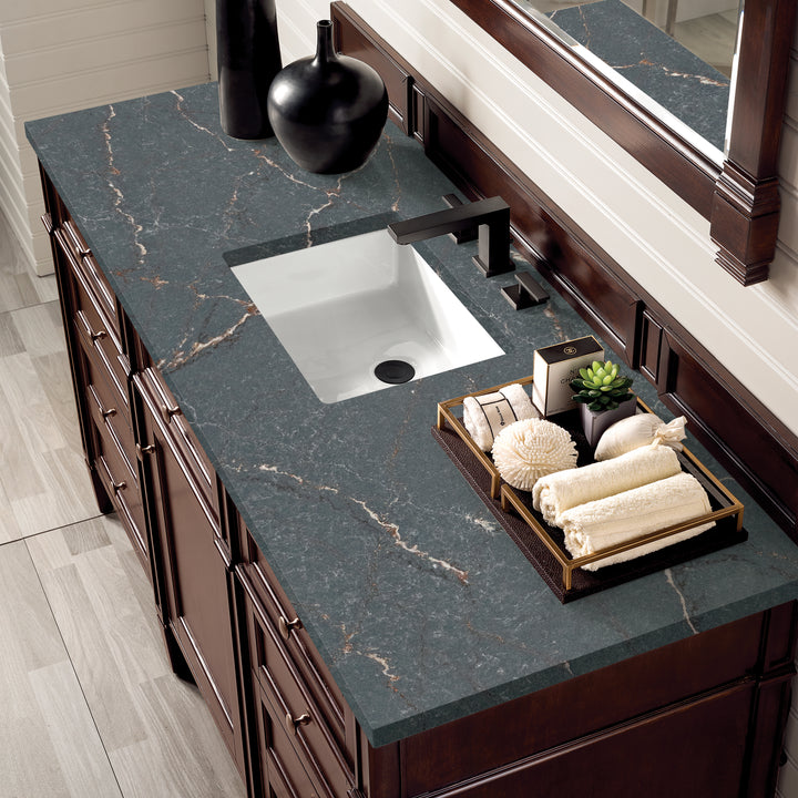 Brittany 60" Single Vanity, Burnished Mahogany w/ 3 CM Parisien Bleu Silestone Top