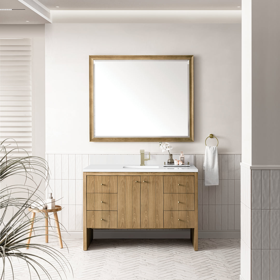 Hudson 48" Single Vanity, Light Natural Oak w/ Single Hole 3 CM White Zeus Top & Backsplash