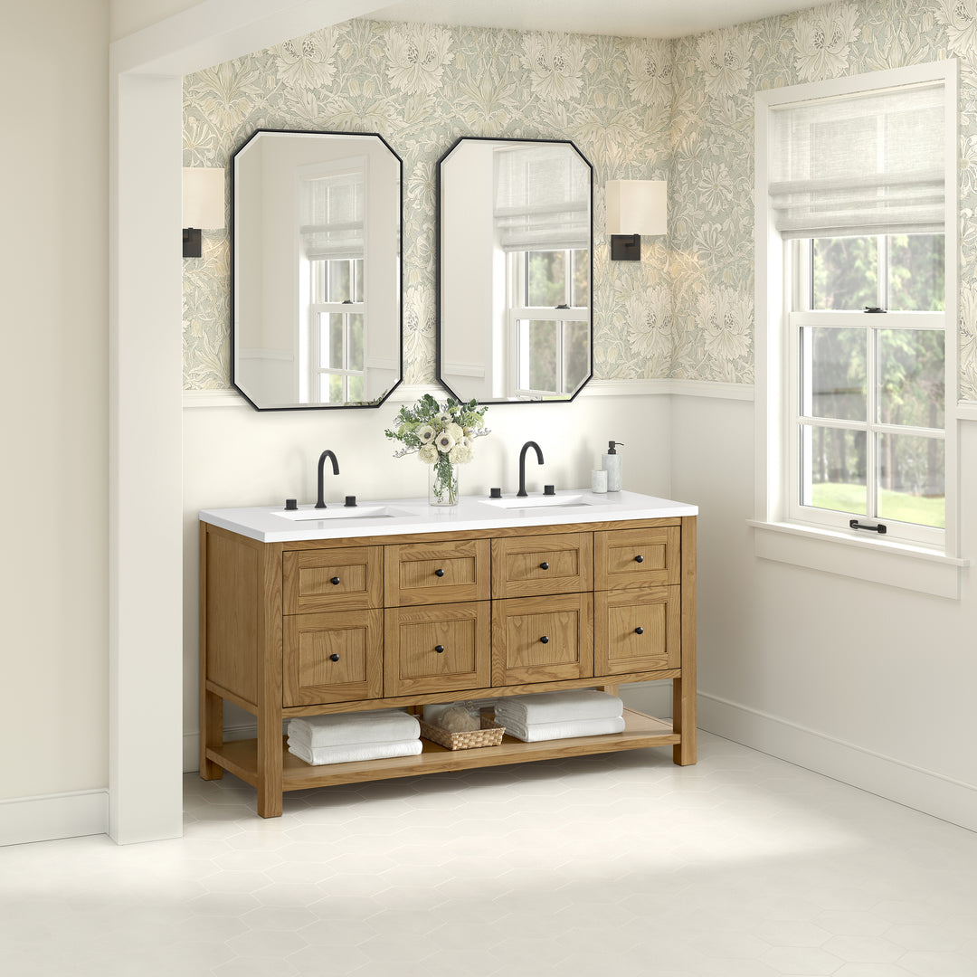 Breckenridge 60" Double Vanity, Light Natural Oak, w/ 3 CM White Zeus Quartz Top