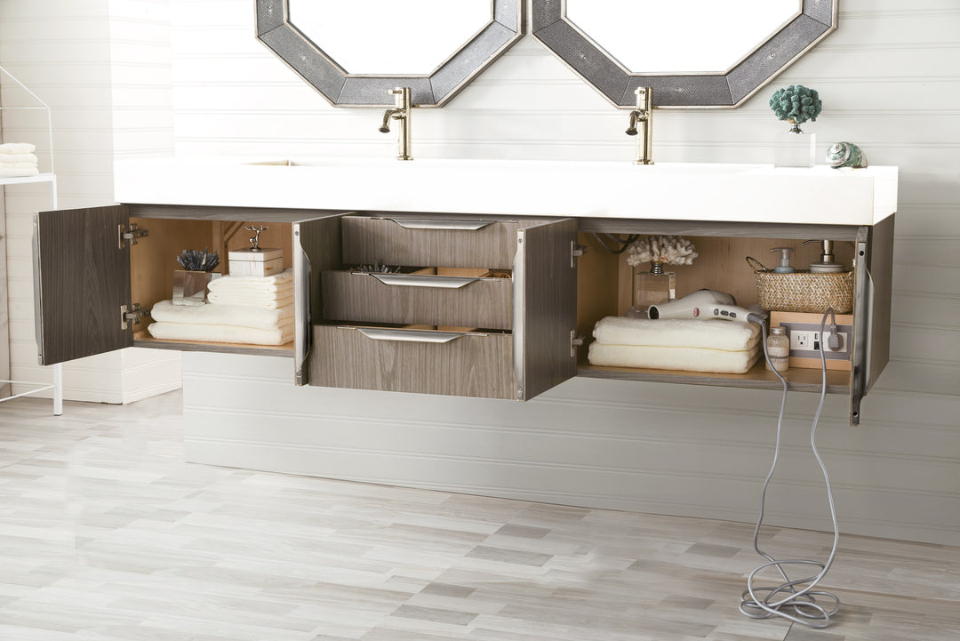 Columbia 72" Double Wall Mount Vanity, Ash Gray, Brushed Nickel w/ Glossy White Composite Stone Top