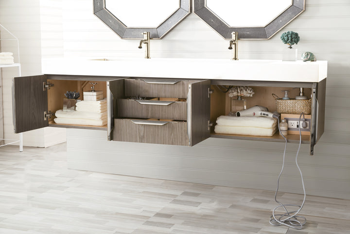 Columbia 72" Double Wall Mount Vanity, Ash Gray, Brushed Nickel w/ Glossy White Composite Stone Top