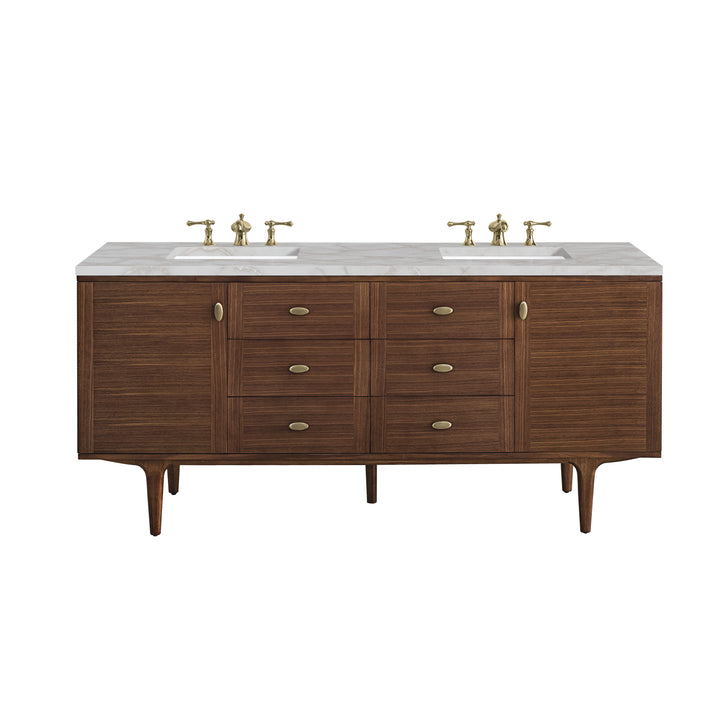 Amberly 72" Double Vanity, Mid-Century Walnut w/ 3 CM Victorian Silver Top w/FreePower Wireless Charger