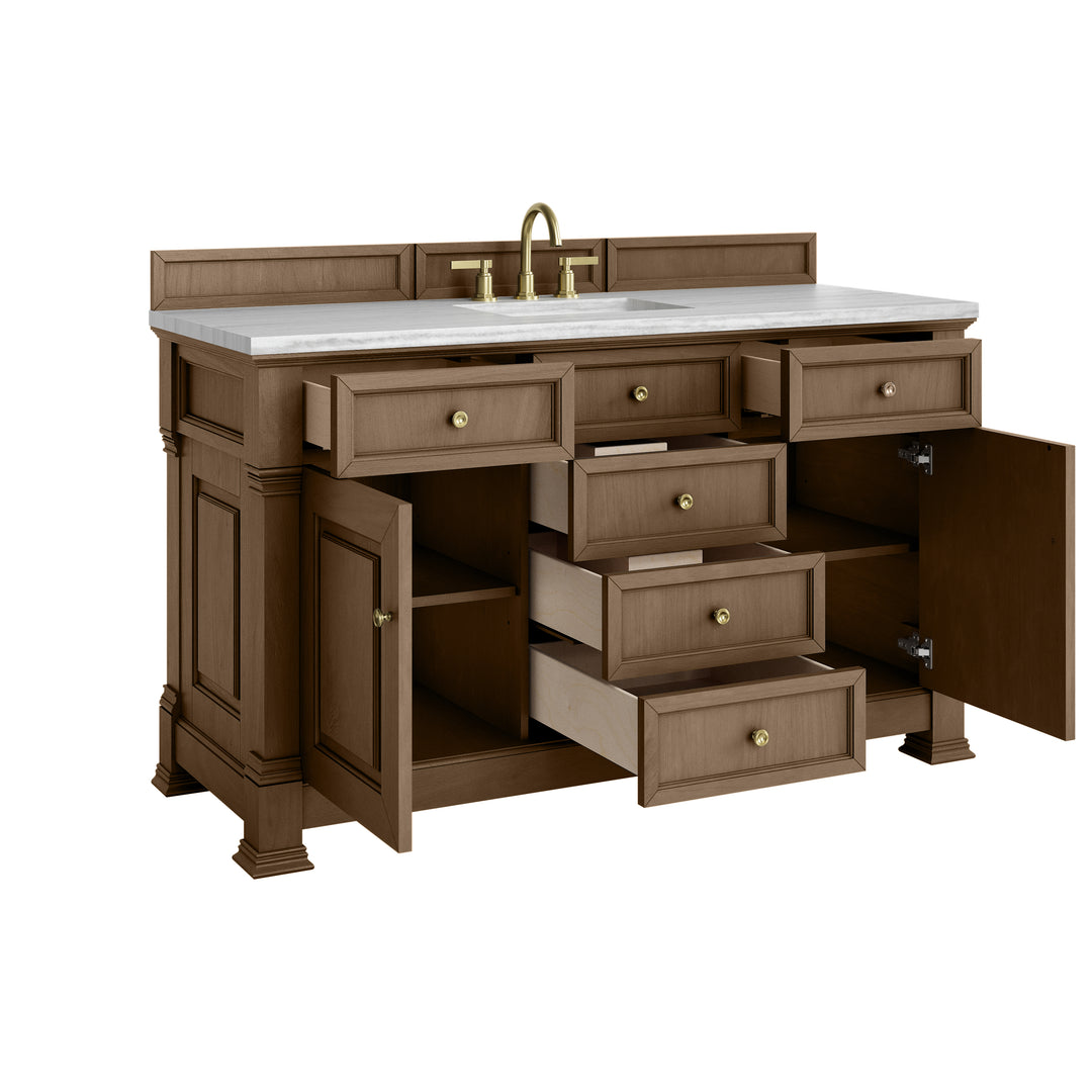 Brookfield 60" Single Vanity, Pecan w/ 3 CM Arctic Fall Solid Surface Top