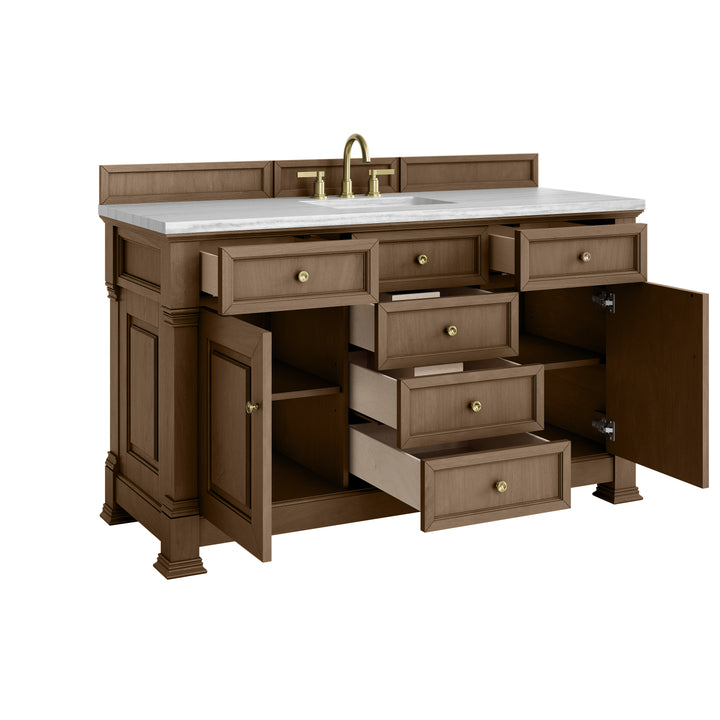 Brookfield 60" Single Vanity, Pecan w/ 3 CM Arctic Fall Solid Surface Top