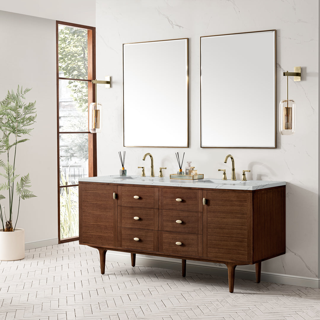 Amberly 72" Double Vanity, Mid-Century Walnut w/ 3 CM Ethereal Noctis Top w/FreePower Wireless Charger