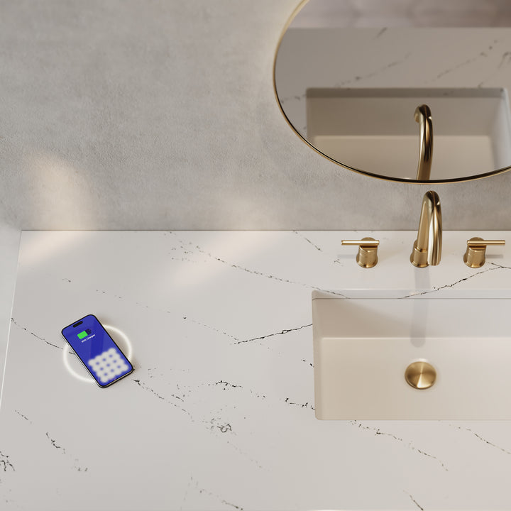 Chicago 60" Single Vanity, Glossy White, w/ 3 CM Ethereal Noctis Silestone Top w/ FreePower Wireless Charger