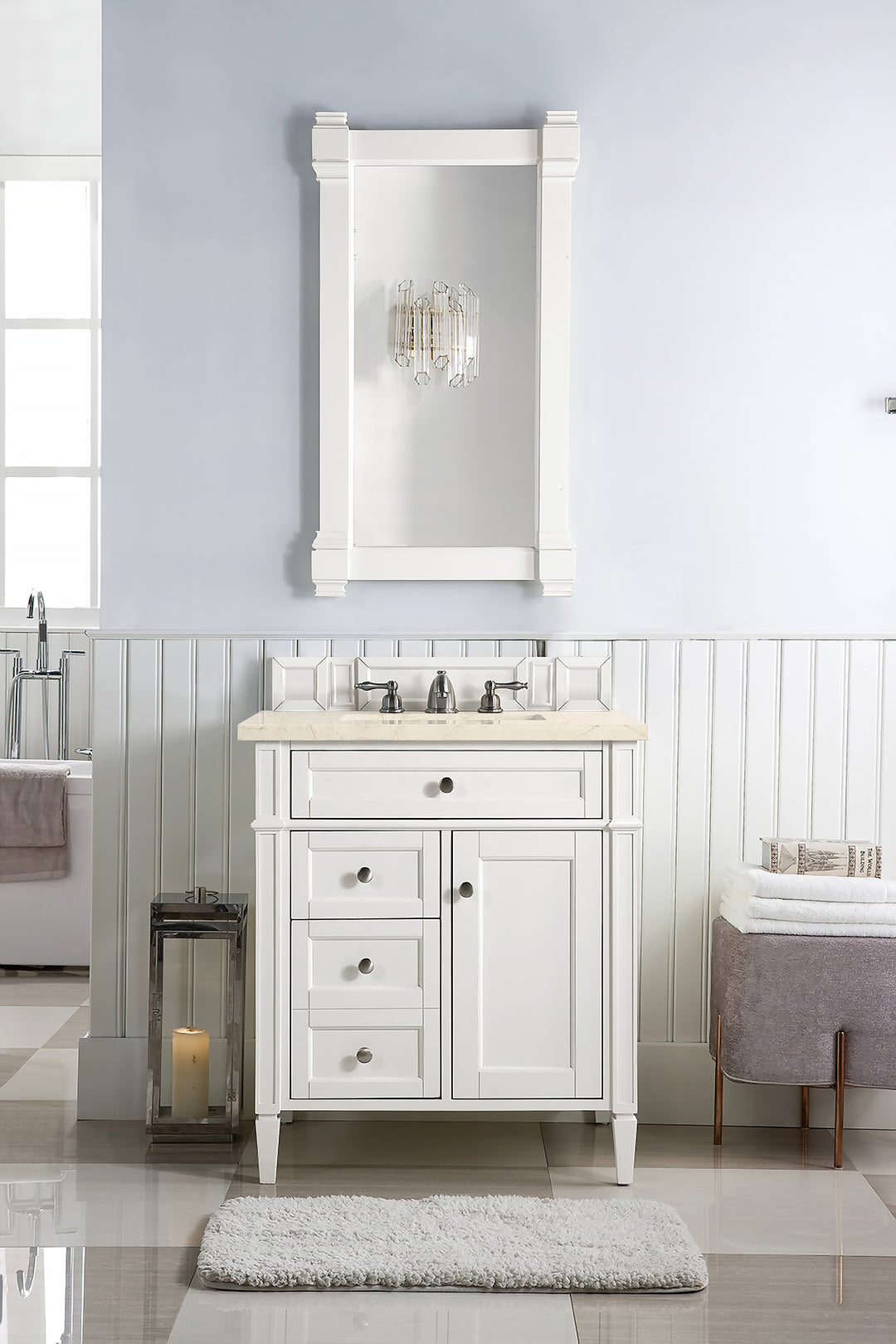 Brittany 30" Single Vanity, Bright White, w/ 3 CM Eternal Marfil Silestone Top