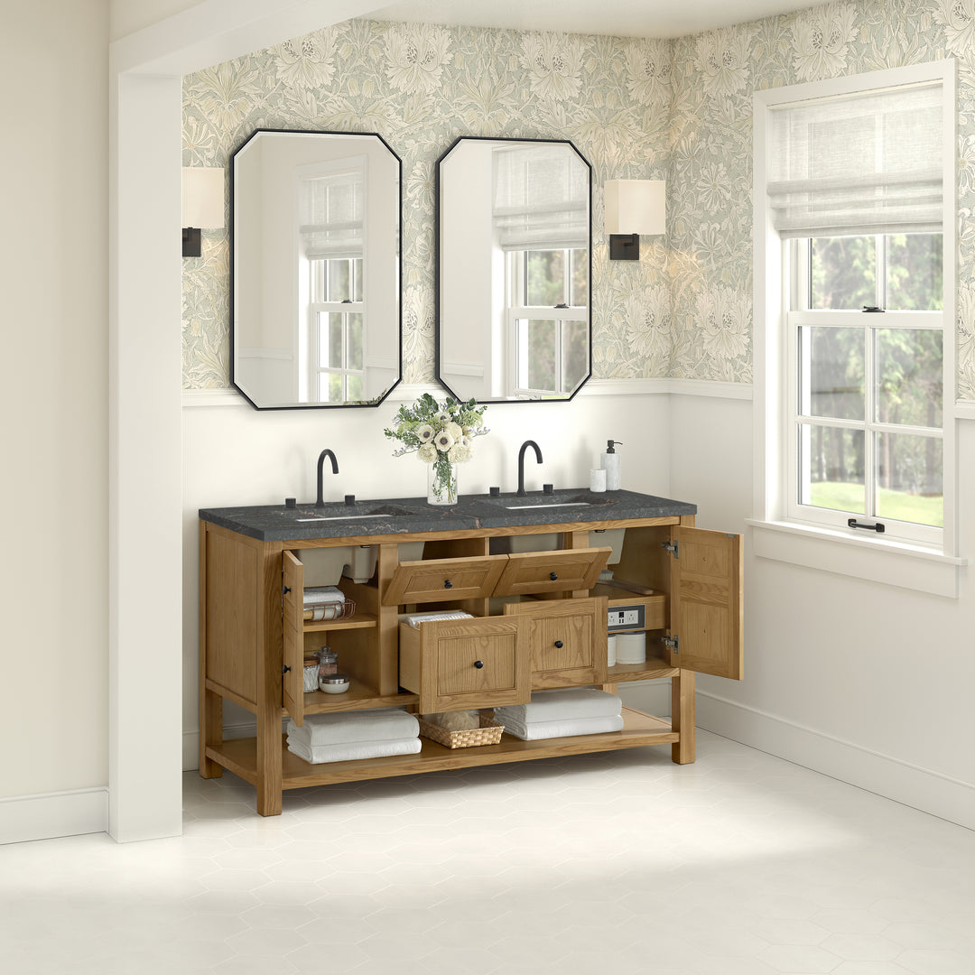 Breckenridge 60" Double Vanity, Light Natural Oak, w/ 3 CM Parisien Bleu Quartz Top