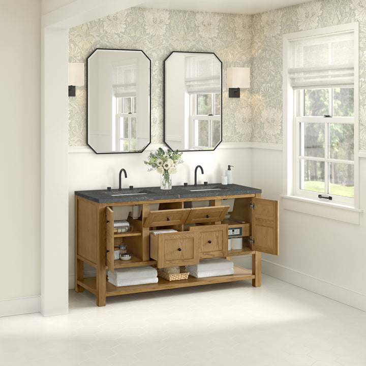Breckenridge 60" Double Vanity, Light Natural Oak, w/ 3 CM Parisien Bleu Quartz Top