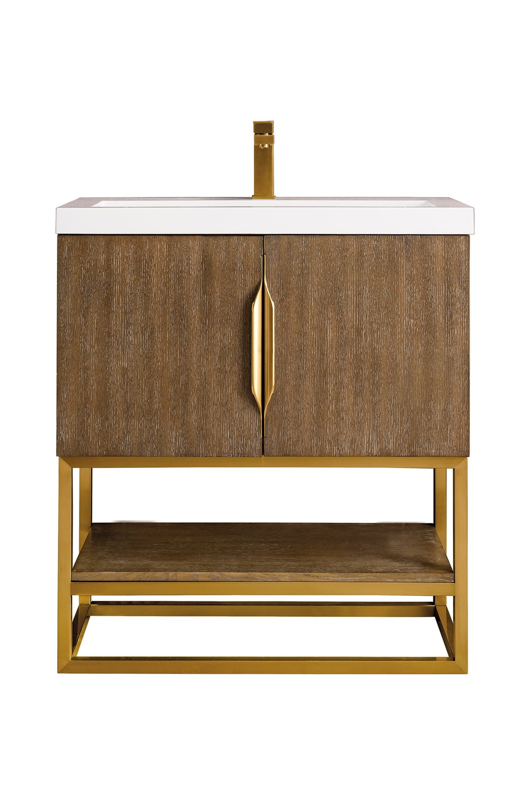 Columbia 31.5" Single Vanity, Latte Oak, Radiant Gold, w/ White Glossy Composite Stone Top