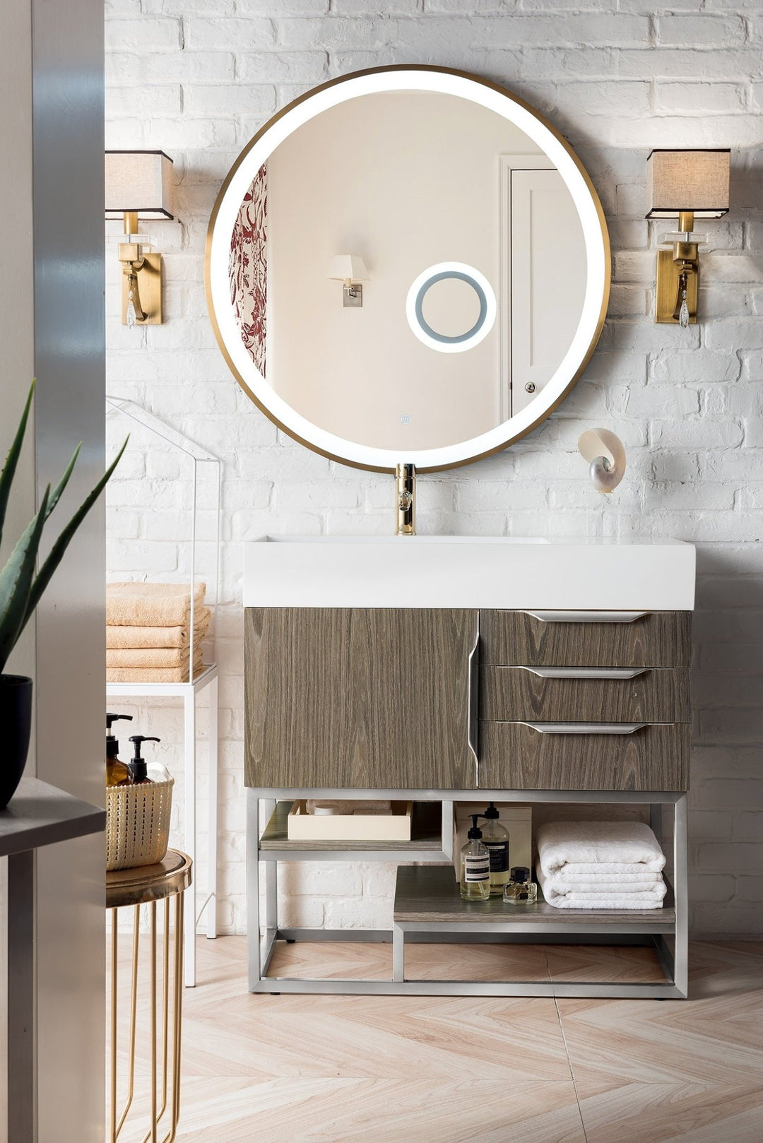 Columbia 36" Single Vanity, Ash Gray, Brushed Nickel w/ Glossy White Composite Stone Top