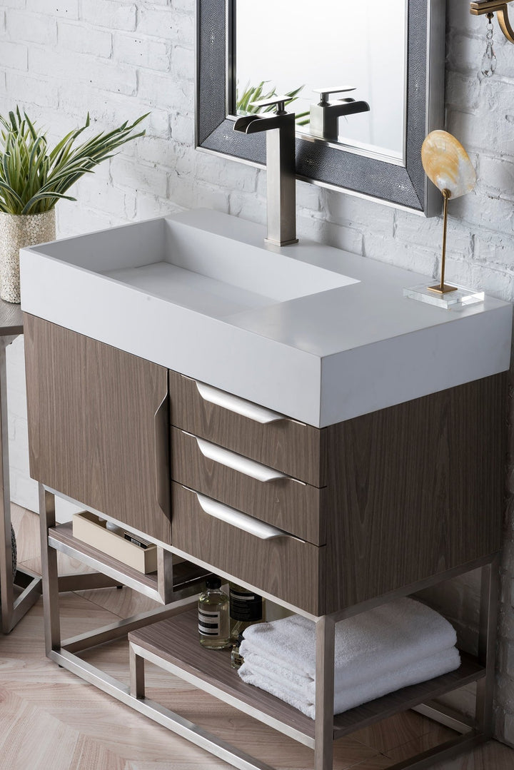 Columbia 36" Single Vanity, Ash Gray, Brushed Nickel w/ Glossy White Composite Stone Top