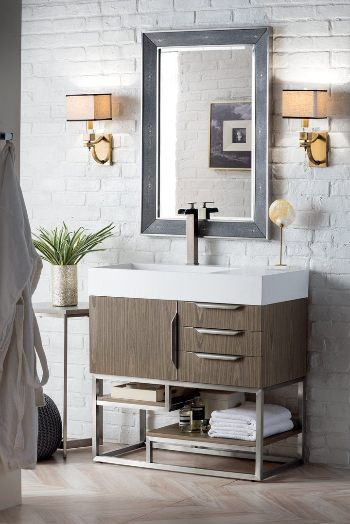 Columbia 36" Single Vanity, Ash Gray, Brushed Nickel w/ Glossy White Composite Stone Top