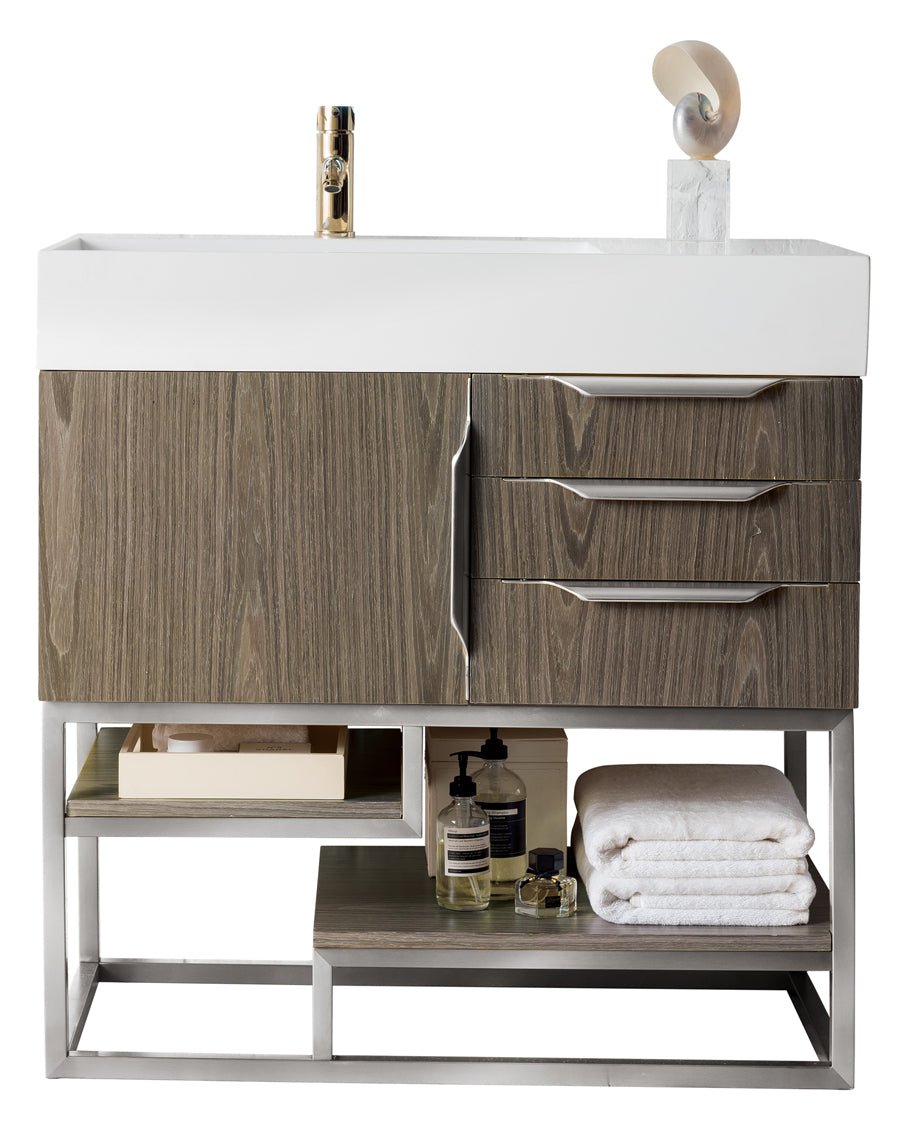 Columbia 36" Single Vanity, Ash Gray, Brushed Nickel w/ Glossy White Composite Stone Top