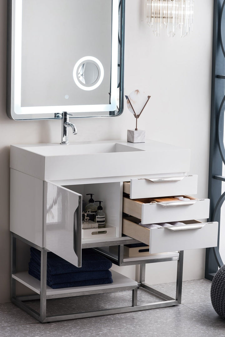 Columbia 36" Single Vanity, Glossy White, Brushed Nickel w/ Glossy White Composite Stone Top