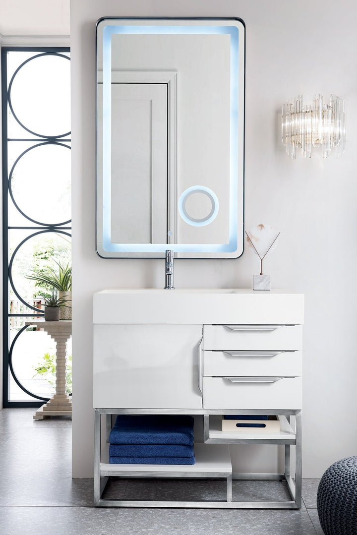 Columbia 36" Single Vanity, Glossy White, Brushed Nickel w/ Glossy White Composite Stone Top