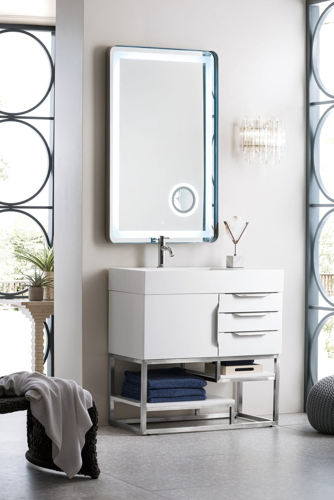 Columbia 36" Single Vanity, Glossy White, Brushed Nickel w/ Glossy White Composite Stone Top