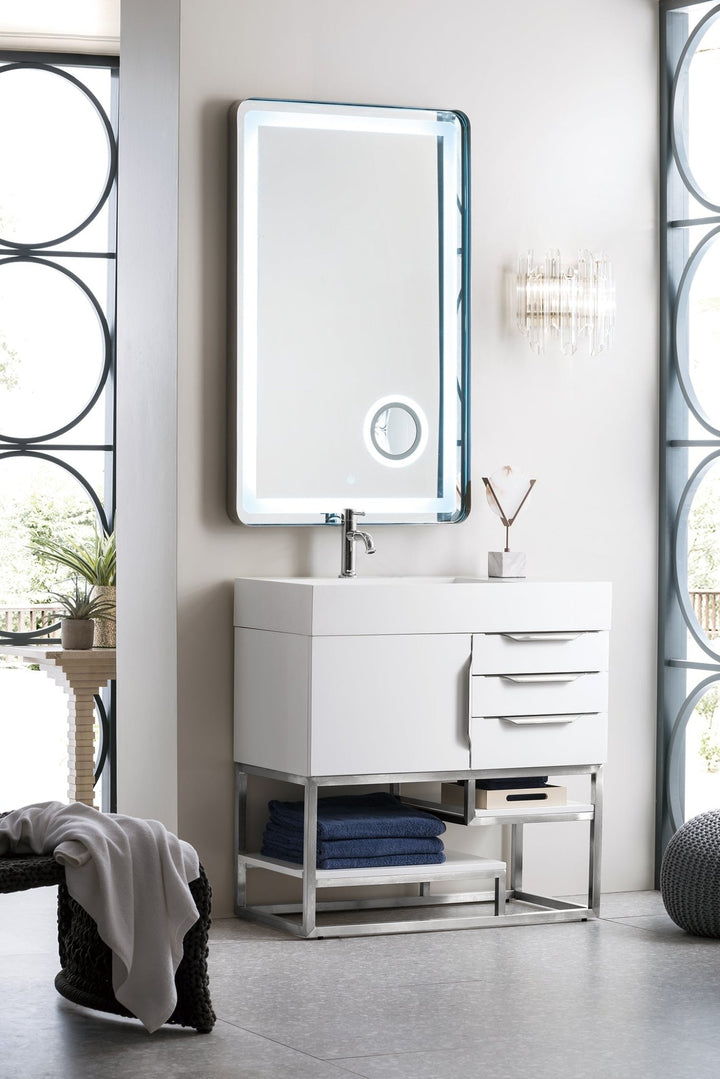 Columbia 36" Single Vanity, Glossy White, Brushed Nickel w/ Glossy White Composite Stone Top