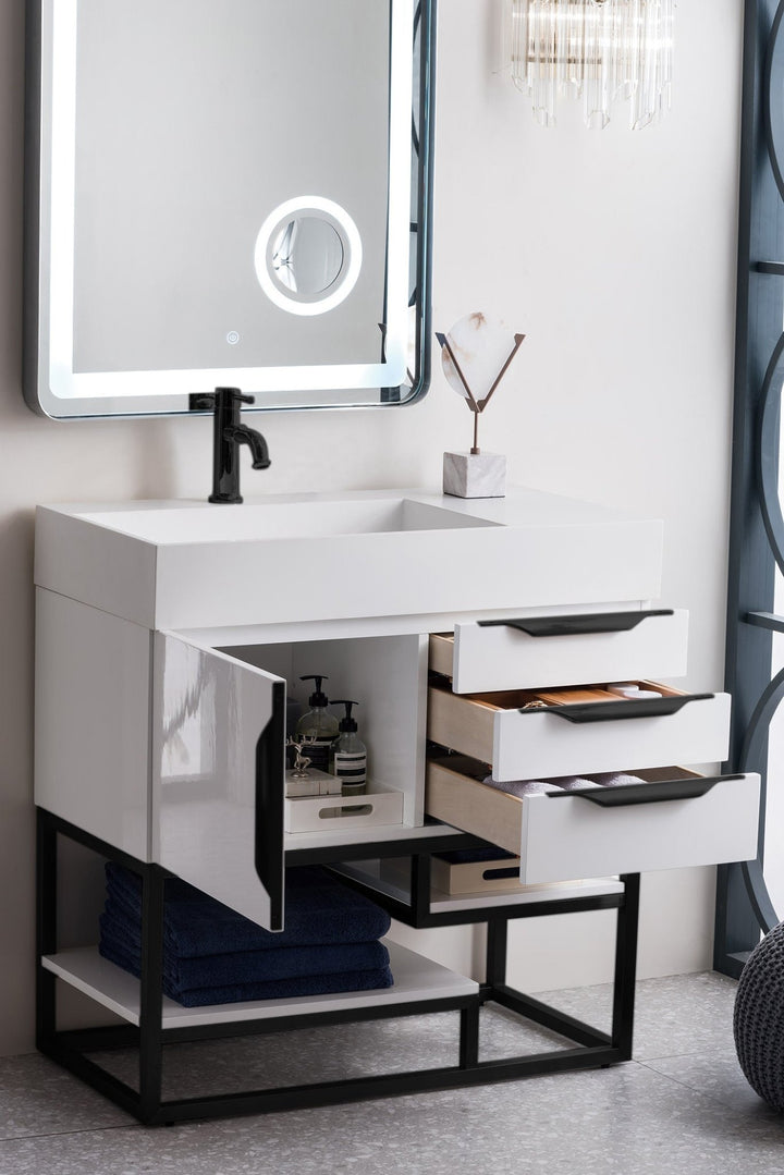 Columbia 36" Single Vanity, Glossy White, Matte Black w/ Glossy White Composite Stone Top