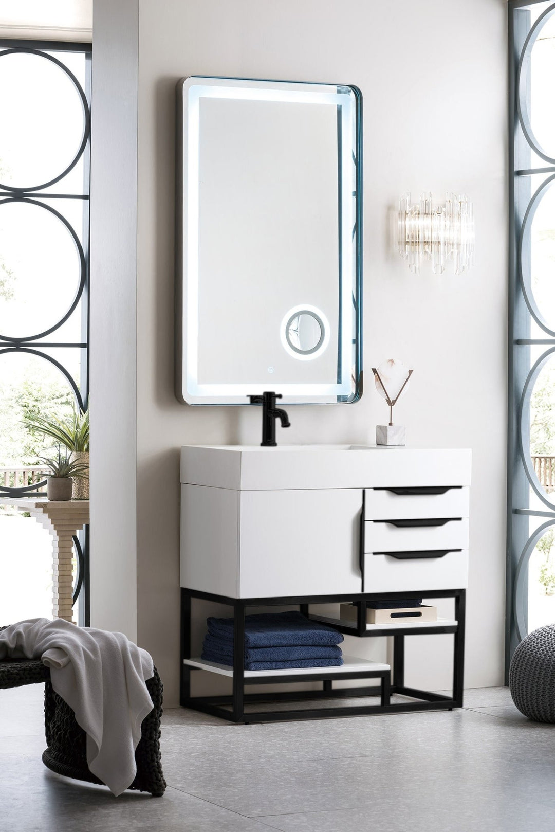Columbia 36" Single Vanity, Glossy White, Matte Black w/ Glossy White Composite Stone Top