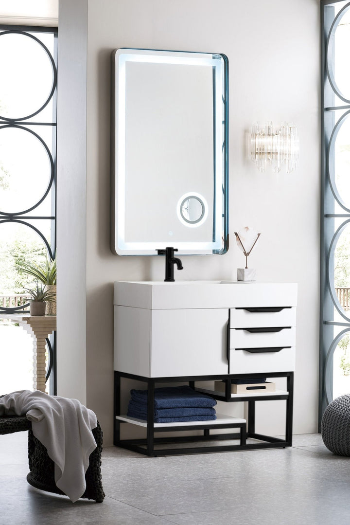 Columbia 36" Single Vanity, Glossy White, Matte Black w/ Glossy White Composite Stone Top