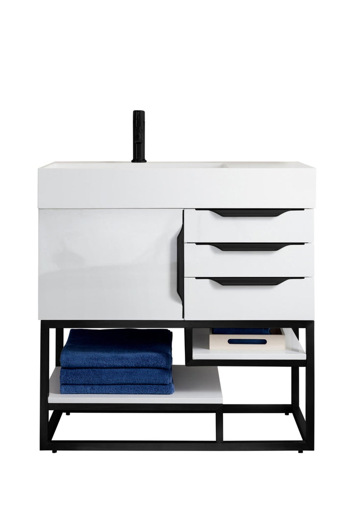 Columbia 36" Single Vanity, Glossy White, Matte Black w/ Glossy White Composite Stone Top