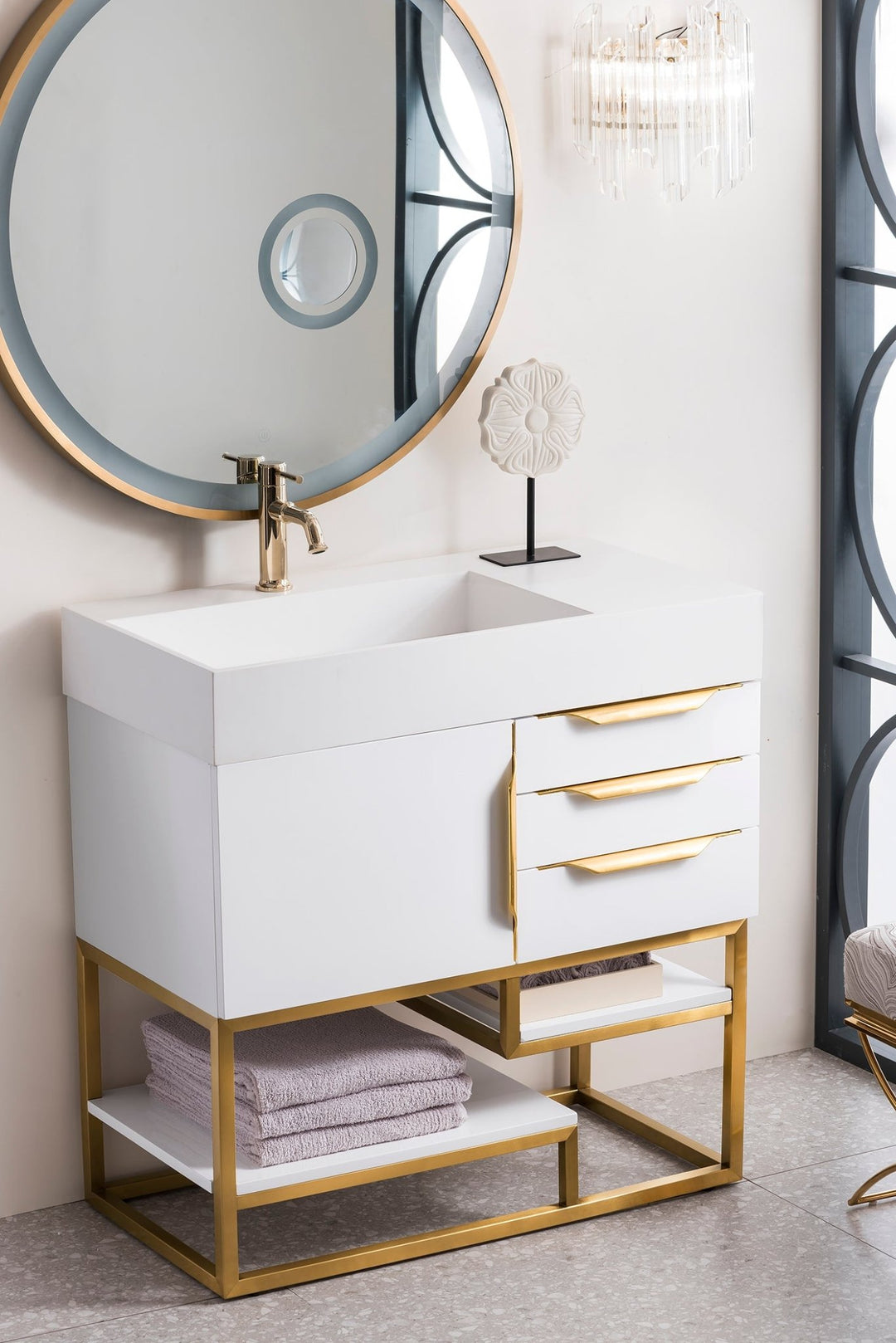 Columbia 36" Single Vanity, Glossy White, Radiant Gold w/ Glossy White Composite Stone Top