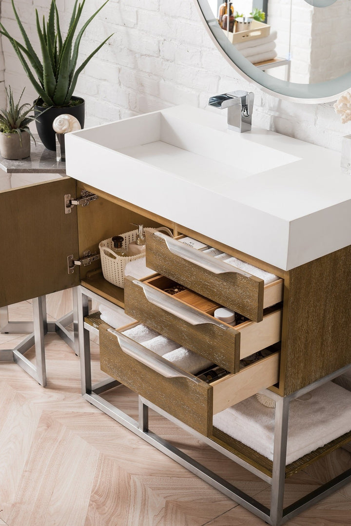 Columbia 36" Single Vanity, Latte Oak, Brushed Nickel w/ Glossy White Composite Stone Top