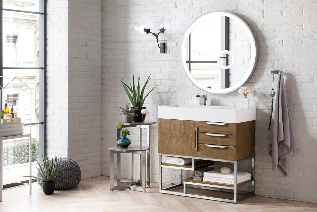 Columbia 36" Single Vanity, Latte Oak, Brushed Nickel w/ Glossy White Composite Stone Top