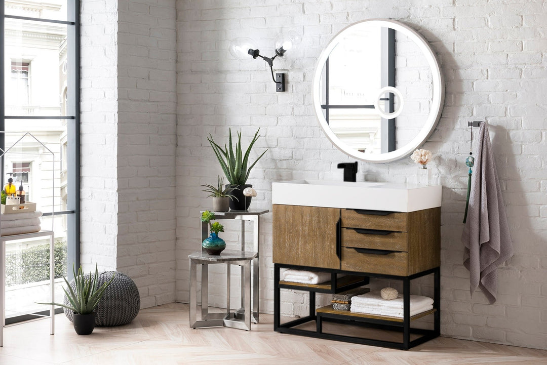 Columbia 36" Single Vanity, Latte Oak, Matte Black w/ Glossy White Composite Stone Top