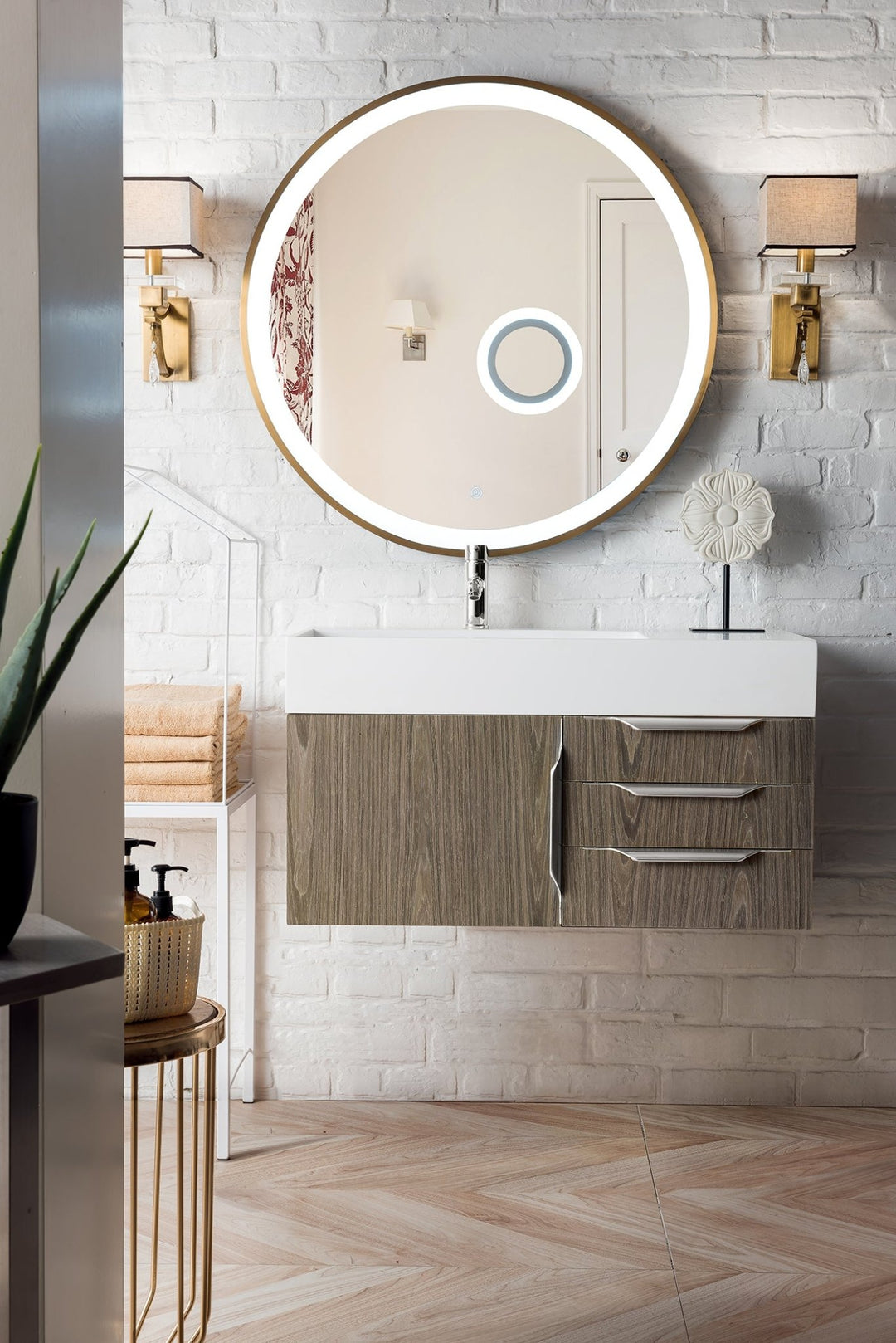 Columbia 36" Single Wall Mount Vanity, Ash Gray, Brushed Nickel w/ Glossy White Composite Stone Top
