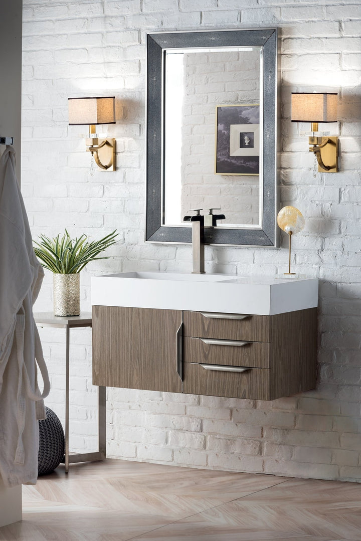 Columbia 36" Single Wall Mount Vanity, Ash Gray, Brushed Nickel w/ Glossy White Composite Stone Top
