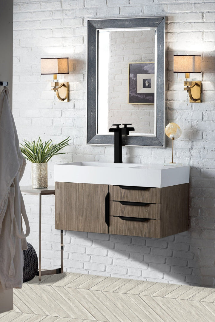 Columbia 36" Single Wall Mount Vanity, Ash Gray, Matte Black w/ Glossy White Composite Stone Top
