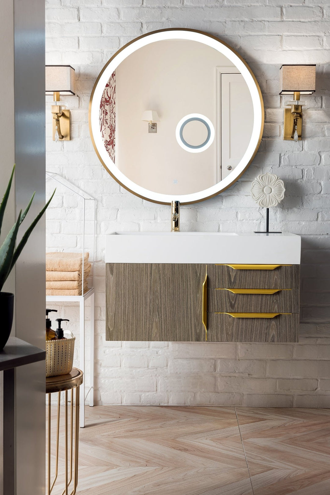 Columbia 36" Single Wall Mount Vanity, Ash Gray, Radiant Gold w/ Glossy White Composite Stone Top