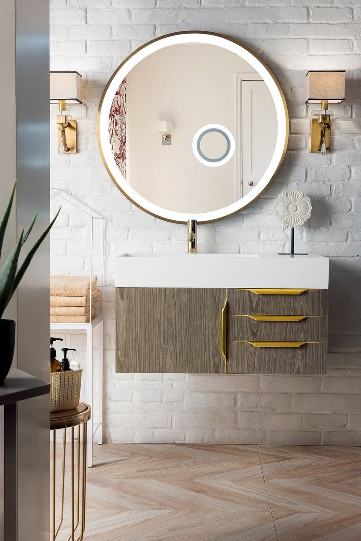 Columbia 36" Single Wall Mount Vanity, Ash Gray, Radiant Gold w/ Glossy White Composite Stone Top