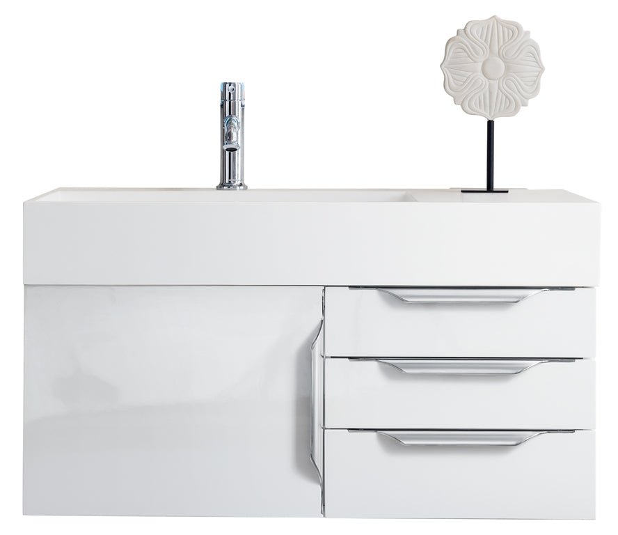 Columbia 36" Single Wall Mount Vanity, Glossy White, Brushed Nickel w/ Glossy White Composite Stone Top