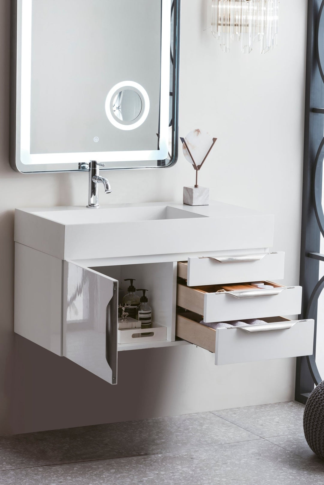 Columbia 36" Single Wall Mount Vanity, Glossy White, Brushed Nickel w/ Glossy White Composite Stone Top
