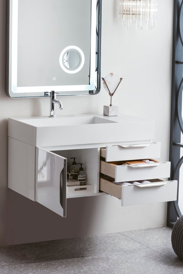Columbia 36" Single Wall Mount Vanity, Glossy White, Brushed Nickel w/ Glossy White Composite Stone Top