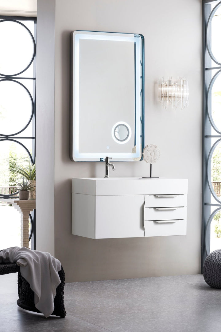 Columbia 36" Single Wall Mount Vanity, Glossy White, Brushed Nickel w/ Glossy White Composite Stone Top