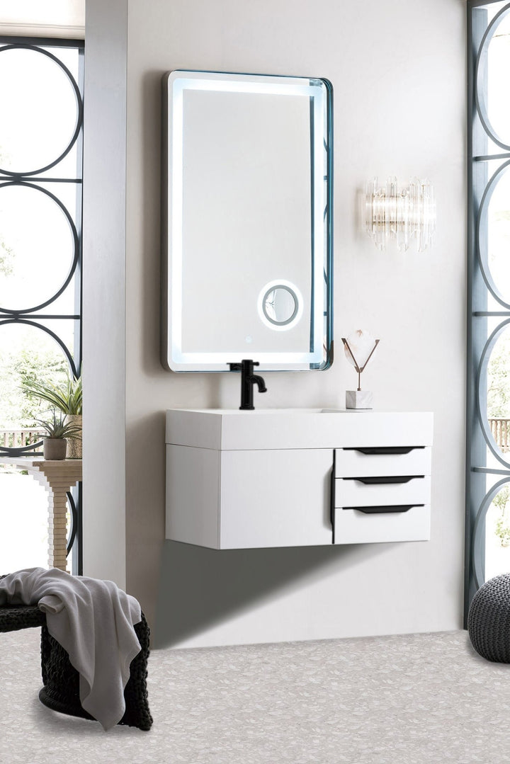 Columbia 36" Single Wall Mount Vanity, Glossy White, Matte Black w/ Glossy White Composite Stone Top