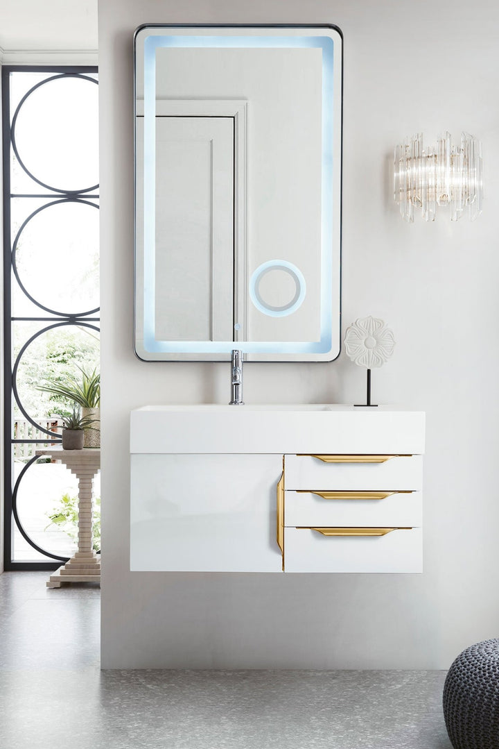 Columbia 36" Single Wall Mount Vanity, Glossy White, Radiant Gold w/ Glossy White Composite Stone Top