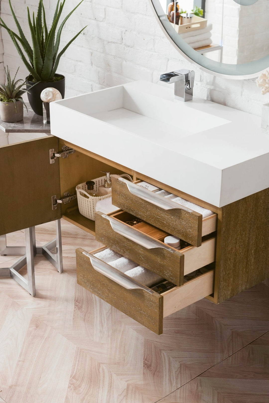 Columbia 36" Single Wall Mount Vanity, Latte Oak, Brushed Nickel w/ Glossy White Composite Stone Top