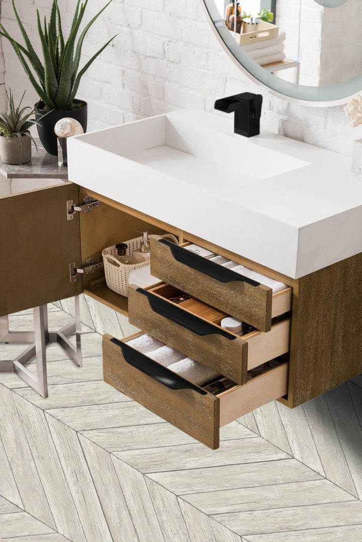 Columbia 36" Single Wall Mount Vanity, Latte Oak, Matte Black w/ Glossy White Composite Stone Top