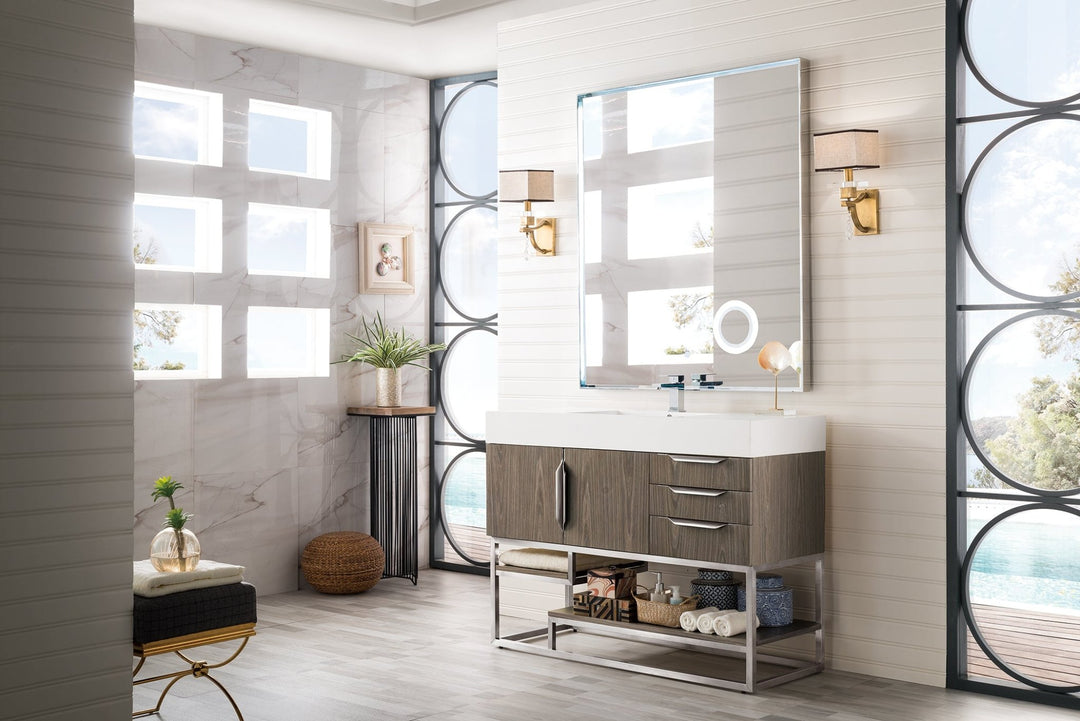 Columbia 48" Single Vanity, Ash Gray, Brushed Nickel w/ Glossy White Composite Stone Top